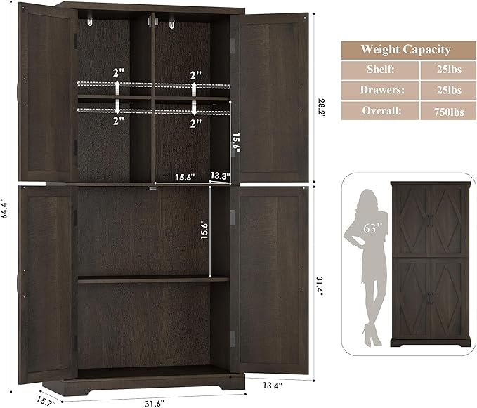 HOSTACK 64" Tall Pantry Cabinet, Modern Farmhouse Kitchen Pantry, Wood Bathroom Storage Cabinet, Large Bookcase, 4 Doors|Adjustable Shelves, for Dining Room, Living Room, Home Office, Dark Brown