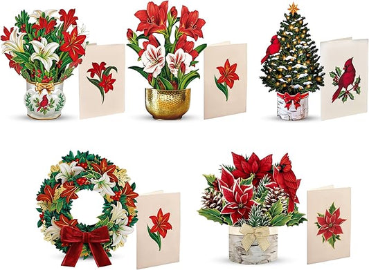 Freshcut Paper Pop Up Cards, Holiday Collection, 6 inch Mini Sized Paper Flower Bouquet 3D Popup Greeting Cards, Christmas Card, Holiday Card, Blank Notecards & Envelopes, Pack of 5