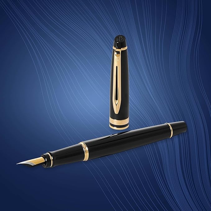 Waterman Expert Fountain Pen, Gloss Black with 23k Gold Trim, Fine Nib, Luxury Fountain Pen in Gift Box, Fountain Pen for Writing