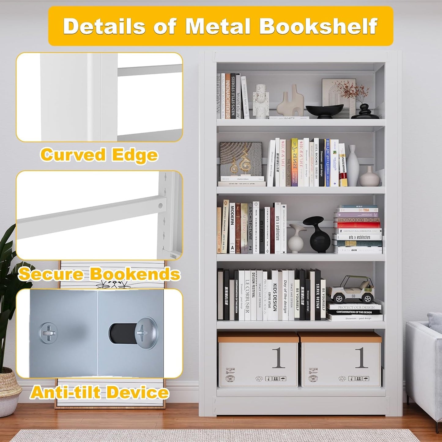 Metal Bookshelf, Adjustable 69" Tall Bookcase, 5 Tier Heavy Duty White Book Shelf with Book Stopper, Industrial Book Shelves for Living Room, Library, School, Office