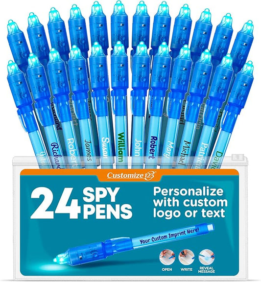 Personalized Invisible Disappearing Ink Pen Marker, Custom Secret Spy Message Writer with UV Light, Fun Activity Entertainment for Kid Party Favors Ideas Gifts and Stock Stuffers, 24 Pack, Blue