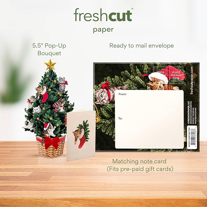 Freshcut Paper Pop Up Cards, Mini Meowy Christmas, 6 Inch Mini Sized Forever Flower Bouquet 3D Popup Greeting Cards, Christmas Card, Holiday Card, Blank Notecard & Envelope