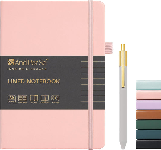A5 Lined Leather Journal and Pen Set, Hardcover Notebook with Pen, 160 Pages 100gsm Thick Ruled Paper for Men Women, for Work, Business, School or Home Writing, 5.7'' x 8'' (Pink-Set1)
