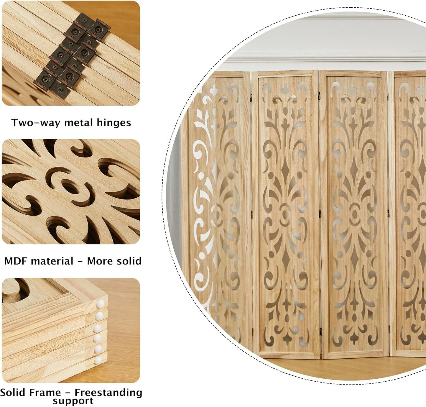 5.6Ft Room Divider Folding Wood Classical Carved Partition Screen for Home Office Garden - 6 Panels (Natural)