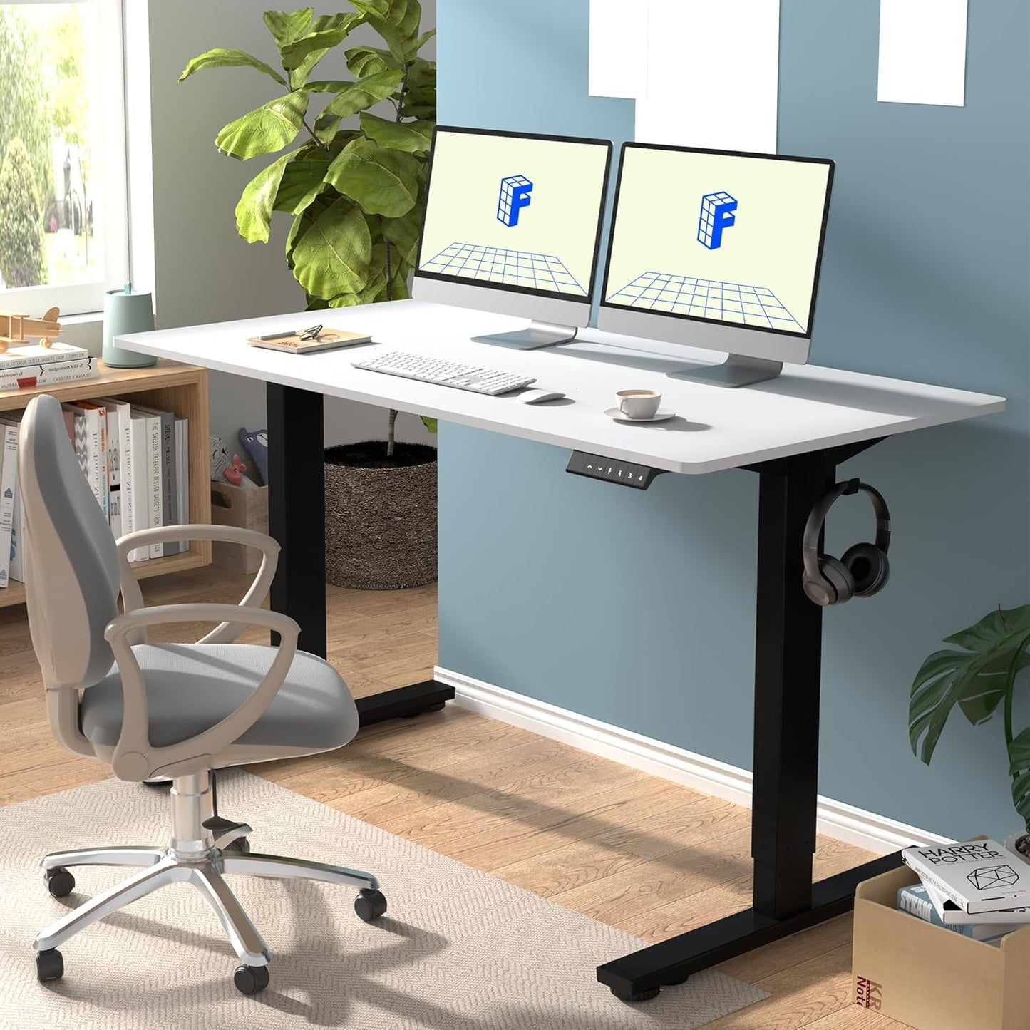 FLEXISPOT 55 x 28 Inches Electric Stand Up Desk Workstation Home Office Computer Standing Table Height Adjustable Desk (Black Frame + 55" White Top, 2 Packages)