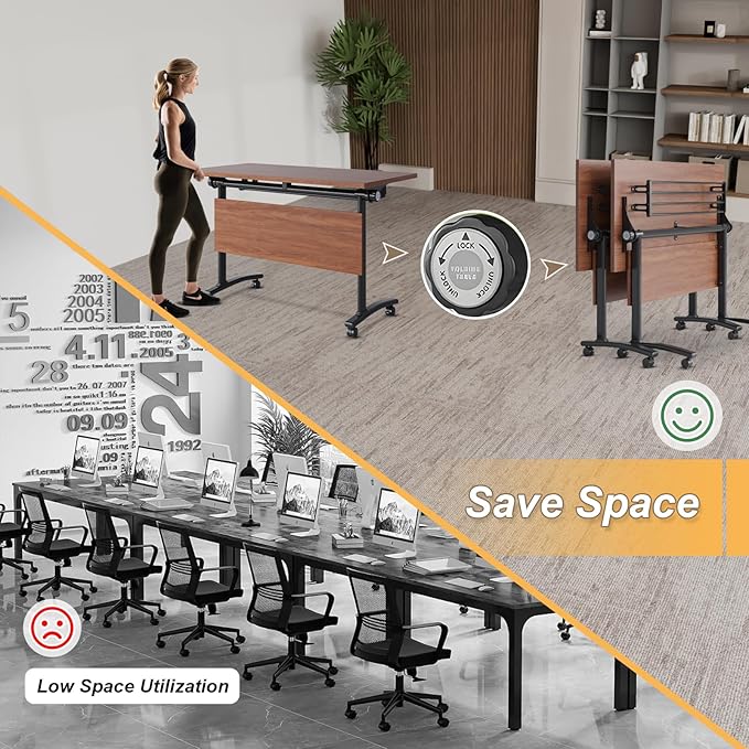 Conference Room Table with Silent Wheels, Mobile Folding Conference Table for 16 Person,Flip Top Office Training Tables with Walnuts Wood Tabletop, for School,Business Meeting Rooms (8Pack 55in)