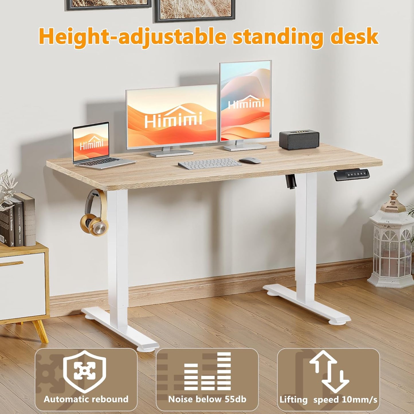 Himimi Electric Standing Desk 55 x 24 inch for Home Office,Sit-Stand Adjustable Desk with Memory Presets,Height Adjustable Desk for Gaming/Working,Free Hook, Lockable Wheels,Mouse Pad,Oak