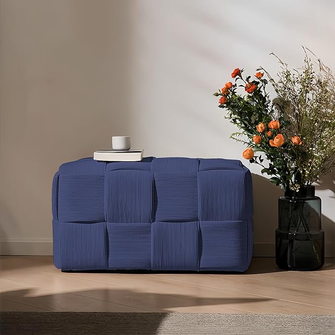 Ottoman Foot Rest Soft and Comfortable Ottoman Square Corduroy Woven Design Sofa Stool (Blue-L)