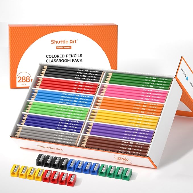Shuttle Art 288 PCS Colored Pencils Bulk, 12 Assorted Colors, Pre-sharpened Colored Pencils for Kids with Sharpeners, Bulk Pack School Supplies for Teachers & Students