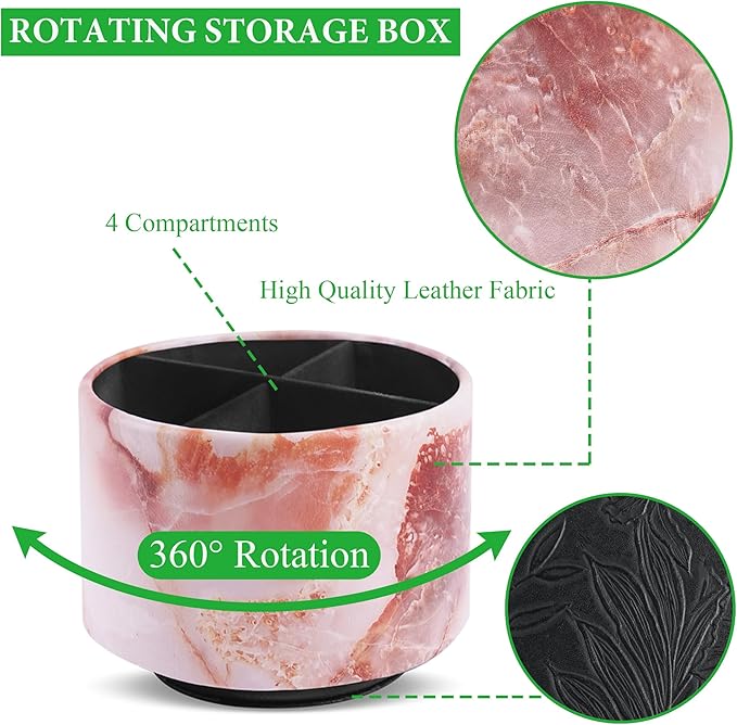 Round Leather Art Supply Organizer,Remote Control Holder,360-degree Rotating Pen Organizer with 4 Compartments(1-Marble Pink)