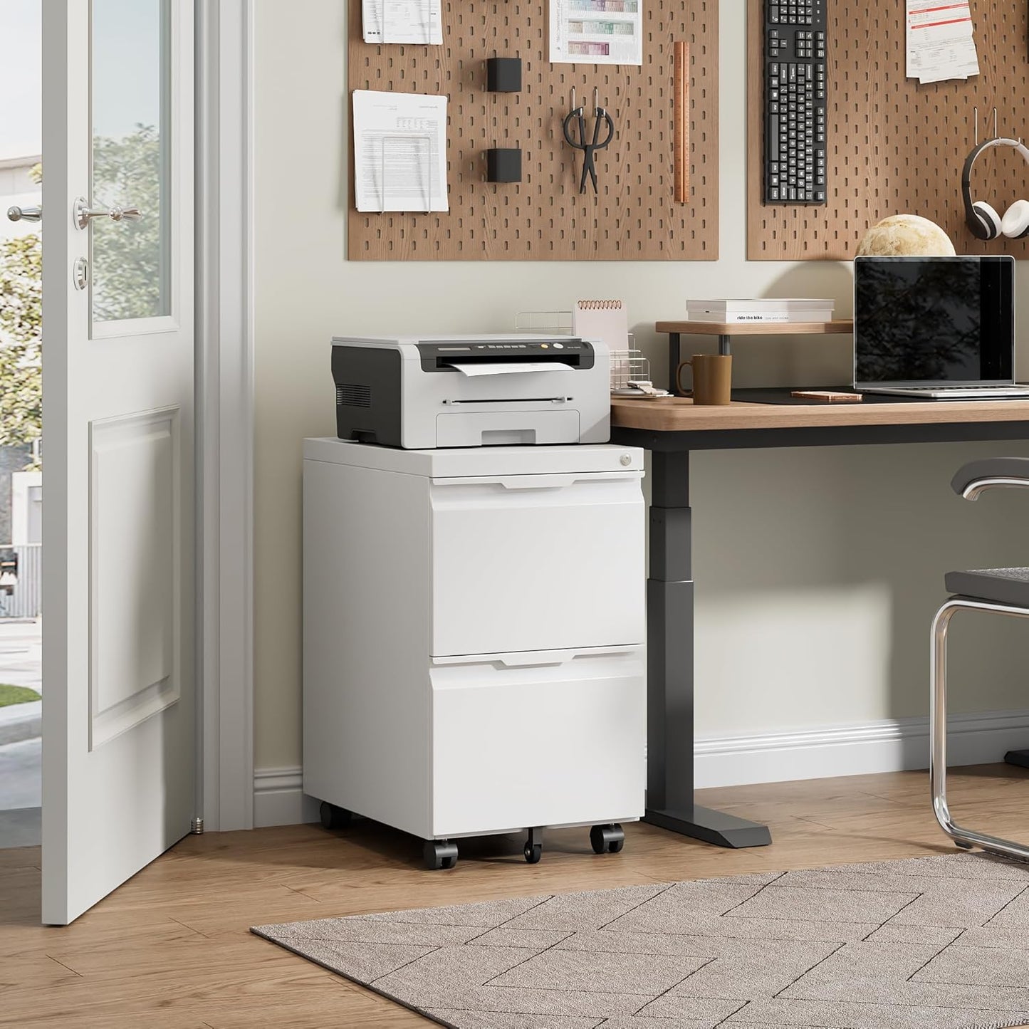 Bestoo 2 Drawer Mobile File Cabinet with Lock, File Cabinet on Wheels for Letter/Legal/A4 File, Metal Rolling File Cabinets for Home Office (White)