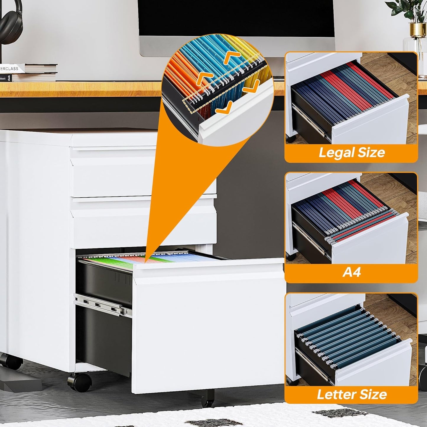 STANI Mobile File Cabinet with Lock Under Desk Metal Filing Legal/Letter File Folders Rolling Cabinet Metal File Cabinets Filing on Wheels with Drawers Assembly Required