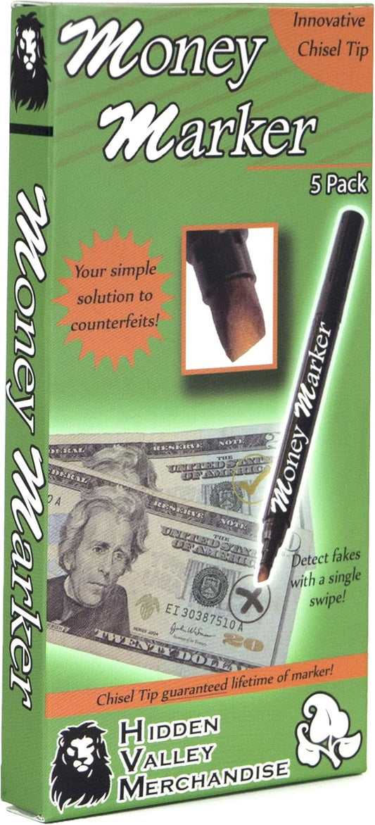 Money Marker (5 Counterfeit Pens) - Counterfeit Bill Detector Pen with Upgraded Chisel Tip - Detect Fake Counterfit Bills, Universal False Currency Pen Detector Pack