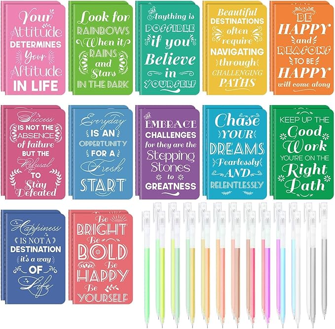 24 Pcs Mini Inspirational Notebooks Bulk with 24 Pcs Colorful Pens, Small Pocket Journal Notepads Set, Motivational Bulk Gifts for Women Men Teacher Student Kids, Fun School Office Supplies,3.5"x5.5"