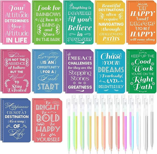 24 Pcs Mini Inspirational Notebooks Bulk with 24 Pcs Colorful Pens, Small Pocket Journal Notepads Set, Motivational Bulk Gifts for Women Men Teacher Student Kids, Fun School Office Supplies,3.5"x5.5"