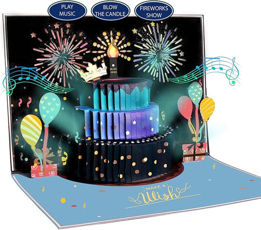 3D Pop Up Happy Birthday Cards for Men – LED Fireworks & Music with Blow The Candle, Gold Crown, 3D Balloons, Blue Design - Happy Birthday Card for Him - Dad, Husband, Boys & Son (8.27" x 5.27")
