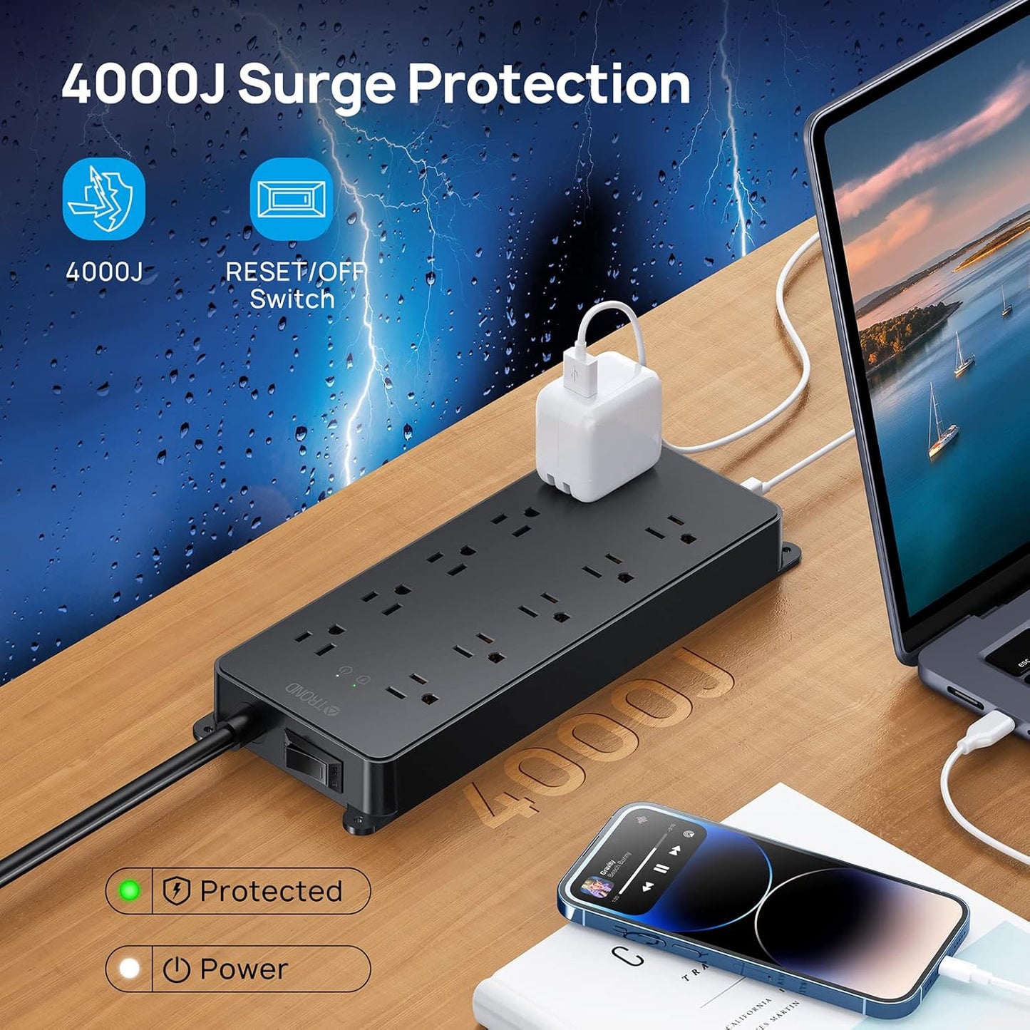 TROND Surge Protector Power Strip 10ft, 4000J, ETL Listed, 10 Widely Spaced Outlets, 2 USB A & 2 USB C Ports, Flat Plug Long Extension Cord, Wall Mountable, for Home Office Entertainment, Black