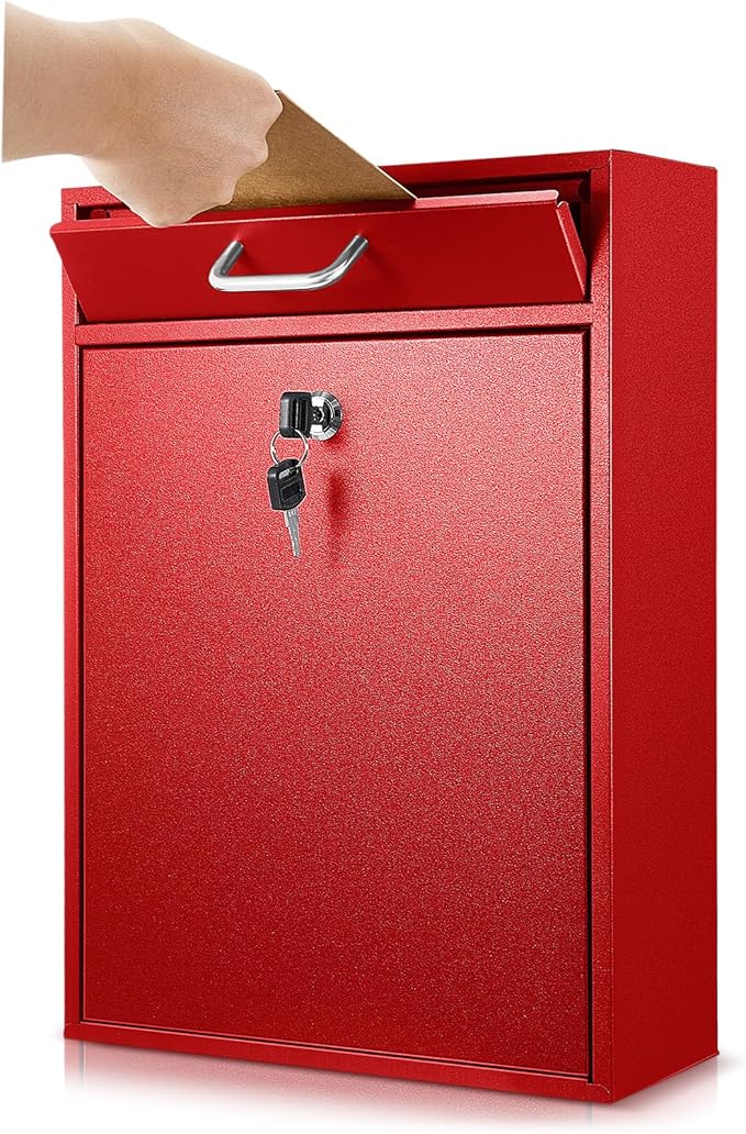 Locking Mailbox with Key for Outdoor 16.2 x 11.2 x 4.7 Inches Large Wall Mount Mail Box with Lock Security Mail Drop Metal Collection Boxes Hanging Secure Postbox(Red)