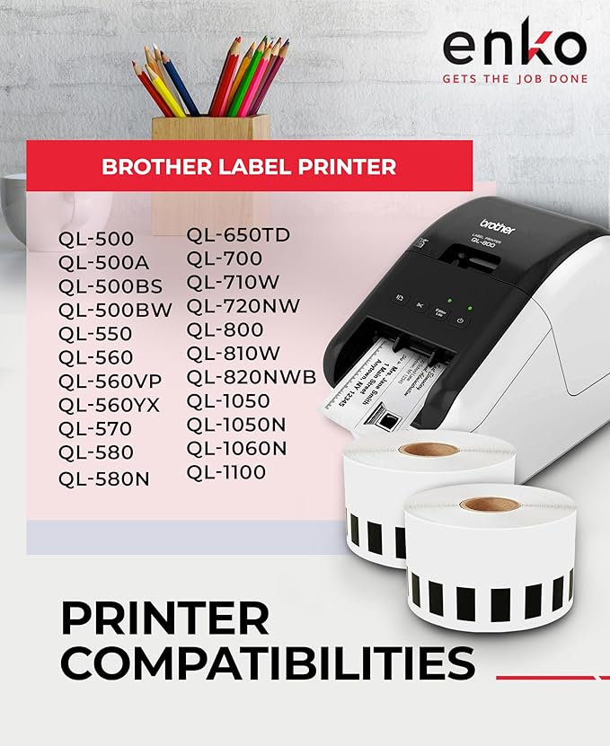 enKo - Compatible DK-2205 Continuous Paper Labels (2.4 Inch x 100 Feet) Compatible for Brother QL Label Printers - 96 Rolls with 32 Refillable Cartridge Frames