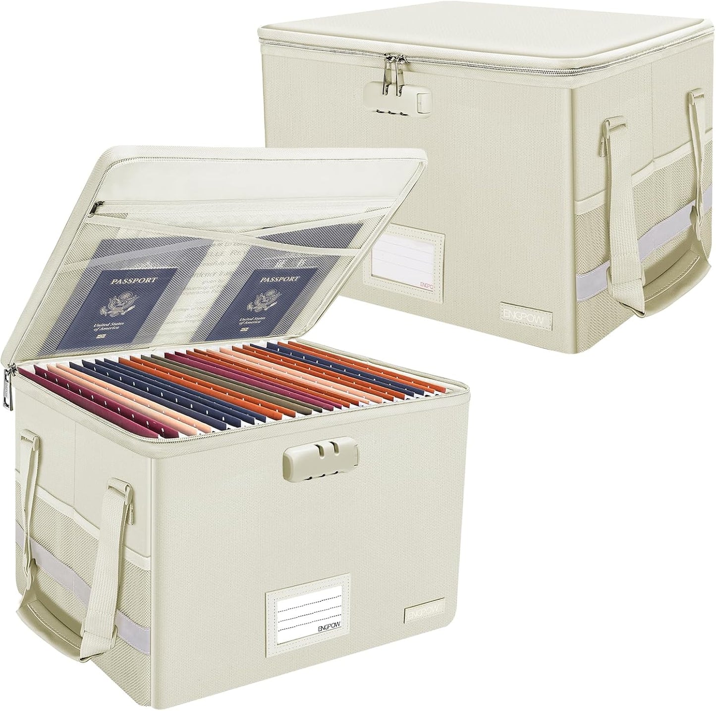 ENGPOW File Box with Lock,Fireproof Document Box with Zipper Lid,Collapsible File Storage Organizer Filing Cabinet with Handles,Portable Home Office Safe for Hanging Letter/Legal Folders,Beige,2 Pack
