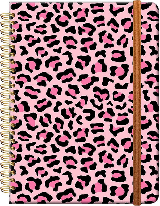 Ruled Spiral Writing Notebook,A5 Hardcover Lined College Journal for Women Lady,Fashion Puppy Watercolor Strong Twin-Wire Binding with Premium Paper,8.4" X 6",Perfect for School,Office,Home Gifts(Pink Leopard)
