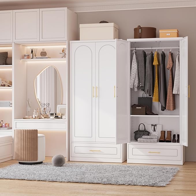 Metal Wardrobe Closet with Drawer, 71" Tall Armoire Wardrobe Closet with Hanging Rod, Freestanding Clothing Storage Cabinet with Doors, Large Wardrobes for Bedroom, White, Assembly Required