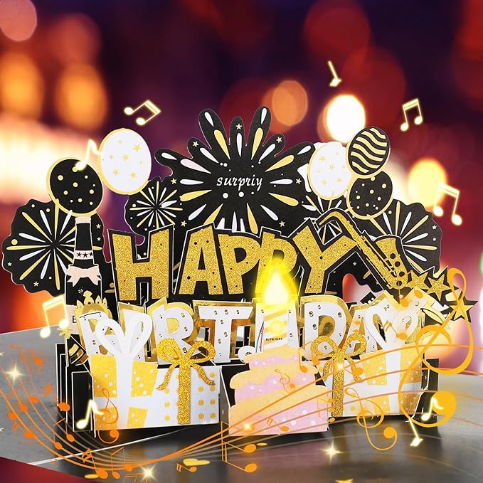 Elegant 3D Pop-Up Birthday Card with LED Lights – Blowable Candle & Music Greeting Card for Women, Mom, Daughter Black Gold