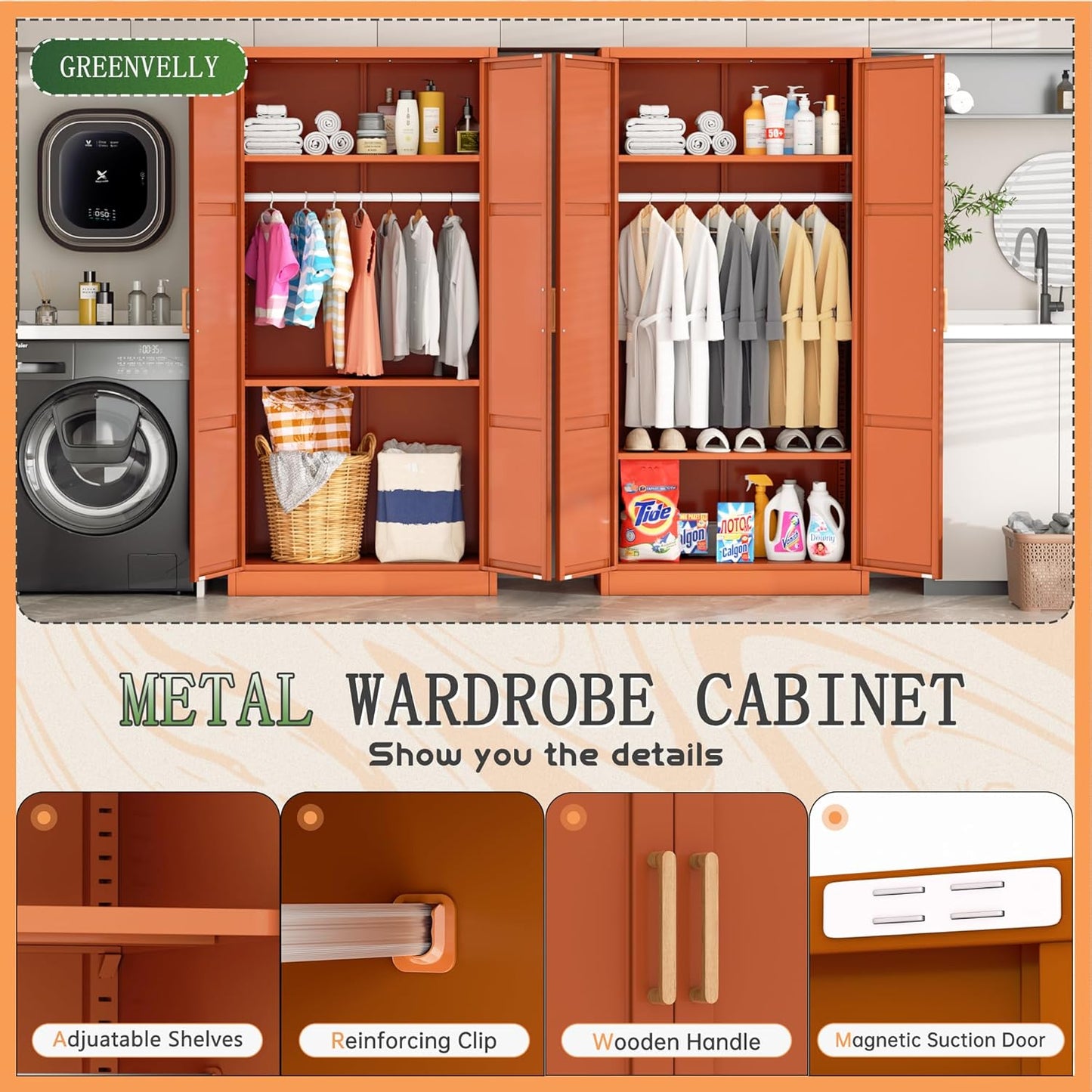 Greenvelly Metal Wardrobe Cabinet with Wooden Handle, 72" Metal Wardrobe Closet with Hanging Rods and Adjustable Shelves, Clothing Storage Closet Cabinet for Home, Office, Employee, Gym (Brown)