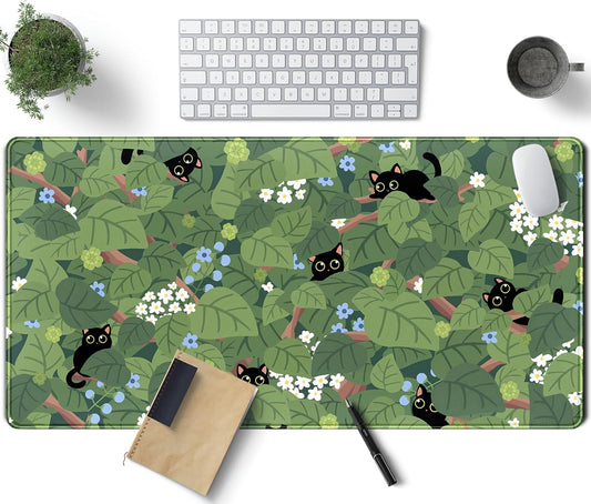 Kawaii Anime Aesthetic Black Cat Forest Plant Desk Mat, Green Sage XXL Large Extended Mouse Pad Gaming Cute Cats Desk pad, Laptop Keyboard and Mouse Mat for Women Desktop Office Decor 31.5x15.7 in