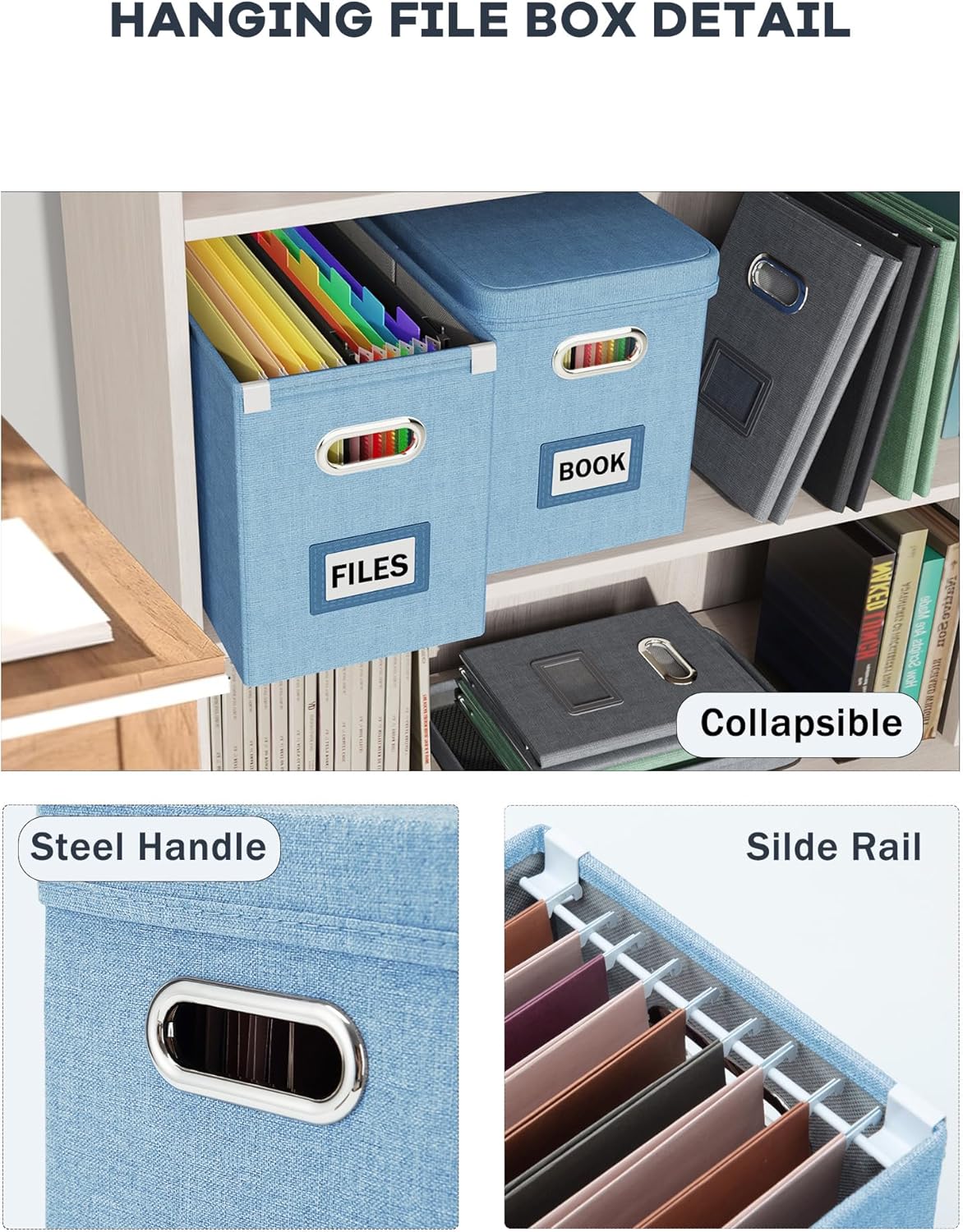 Oterri File Organizer Box with Lid, Hanging Filing File Box with Mesh Pocket, Document Organizer Box for Letter Files, Portable Storage Box with Smooth Sliding Rail for Office&Home (2 PCS, Sky-blue)