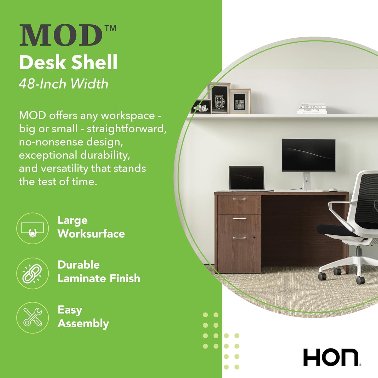 HON MOD Executive Desk 48-Inch Large Computer Desk Shell, Thick Wooden Laminate, Modern Table with Cord Management, 48'W x 30'D x 29'H, Walnut
