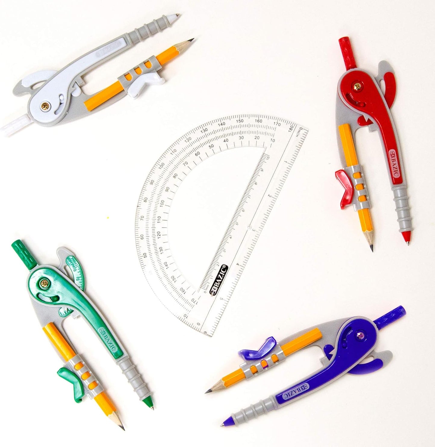 BAZIC Geometry Math Compass Set w/Scale-Arm, 6" Protractor, & HB Wood Pencil, Inch Centimeter, Mathematical Drafting Drawing Tool, 144-Packs