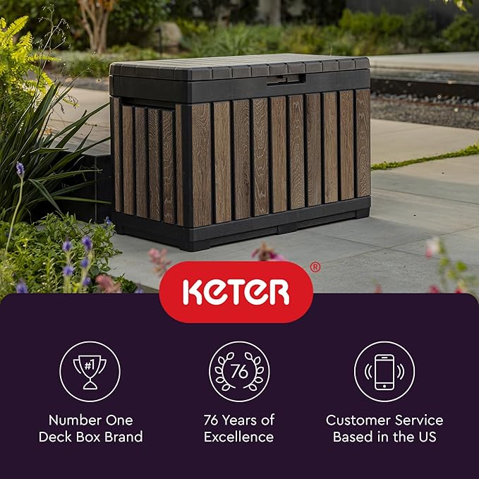Keter Signature Everwood 50 Gallon Resin Outdoor Storage Box and Patio Furniture Side Table for Pool and Garden Accessories, Walnut