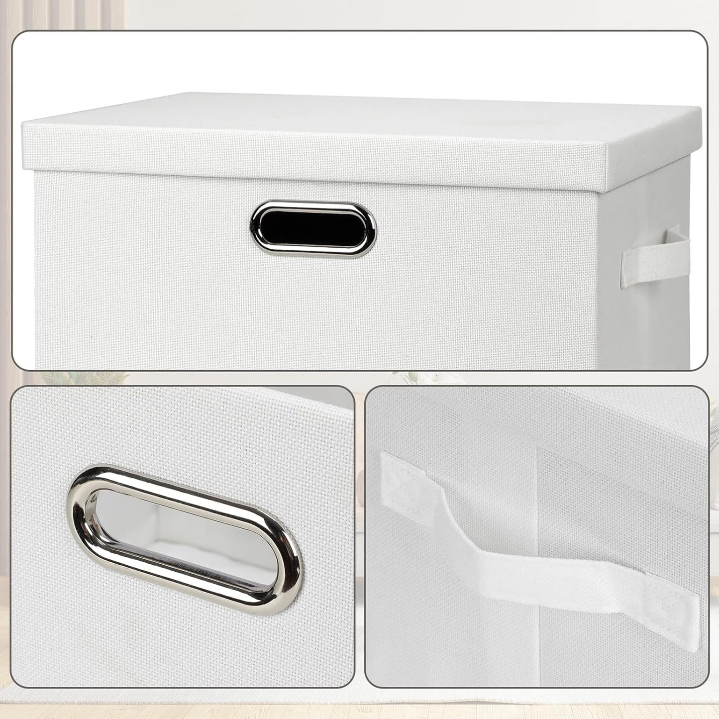 Large 17" 36 Quart Collapsible Stackable Storage Bins with Lids, 1 Pack White Foldable Fabric Closet Storage Boxes with Lids, 4 Handles Heavy-duty Linen Cube Baskets for Bedroom