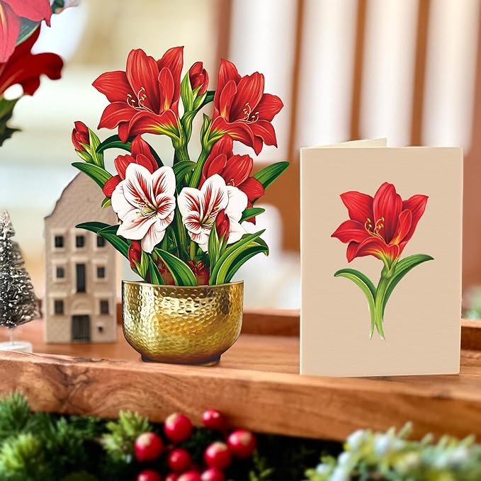 Freshcut Paper Pop Up Cards, Mini Scarlet Amaryllis, 6 Inch Mini Sized Forever Flower Bouquet 3D Popup Greeting Cards, Christmas Card, Holiday Card, Blank Notecard & Envelope