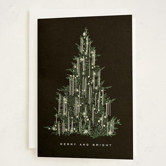 Minted Tinsel Tree Christmas Cards, 8 Cards with Envelopes, Folded 5x7 Holiday Card with Elegant Christmas Tree, Hanging Tinsel & Lights Design, Gold Foil-Pressed, Luxurious Paper, Interior Message