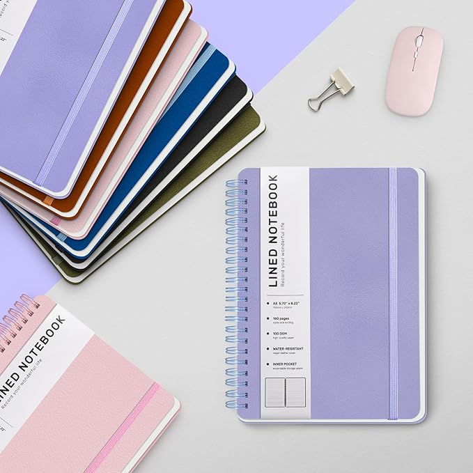 Lined Spiral Journal Notebook, A5 Hardcover Leather Notebook for Work, 5.7''×8.2'', 100GSM Thick Paper Spiral Bound Journaling Notebooks for Women & Men Office School Note Taking Business, Purple