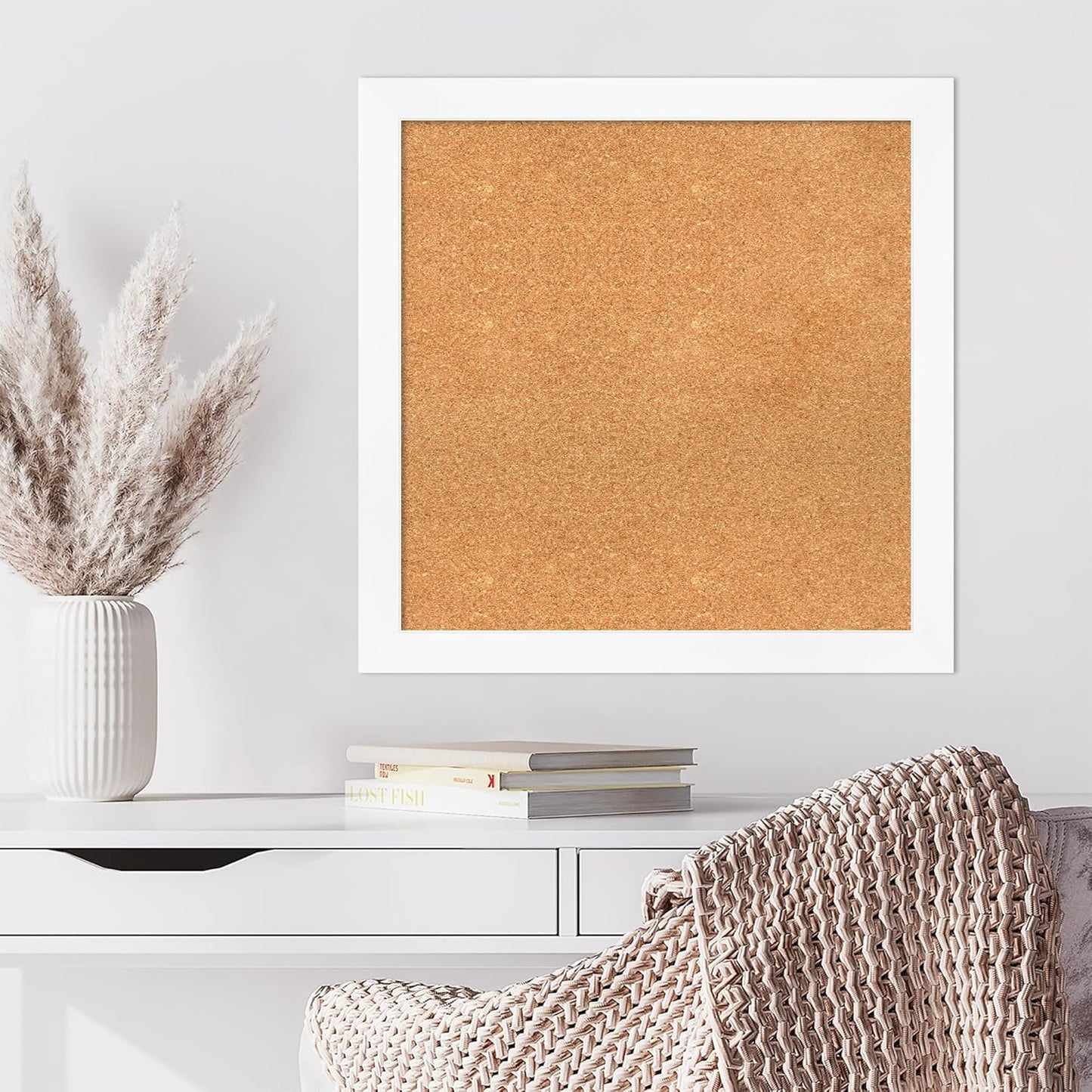 Amanti Art Natural Cork Board for Wall, 27x27 Vision Board with White Frame, Medium Corkboard Office Decor for Home Organization, Modern Corkboard Pinboard to Display Items for Home Organization in