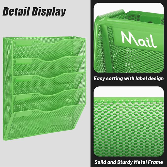 EASEPRES 5 Pocket Mesh Hanging Wall File Organizer, Wall Mounted Mail Paper Document Folder Holder, Clipboard Storage Organization Magazine Rack with Nametag Label for Office Home School, Green