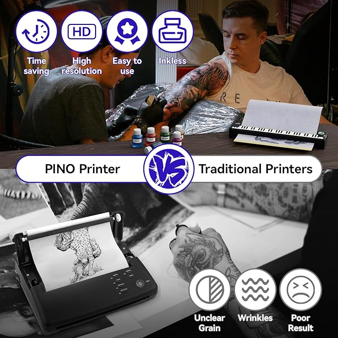 P90-Pino Wireless Tattoo Stencil Printer - Black with Elegant Piano-Inspired Design