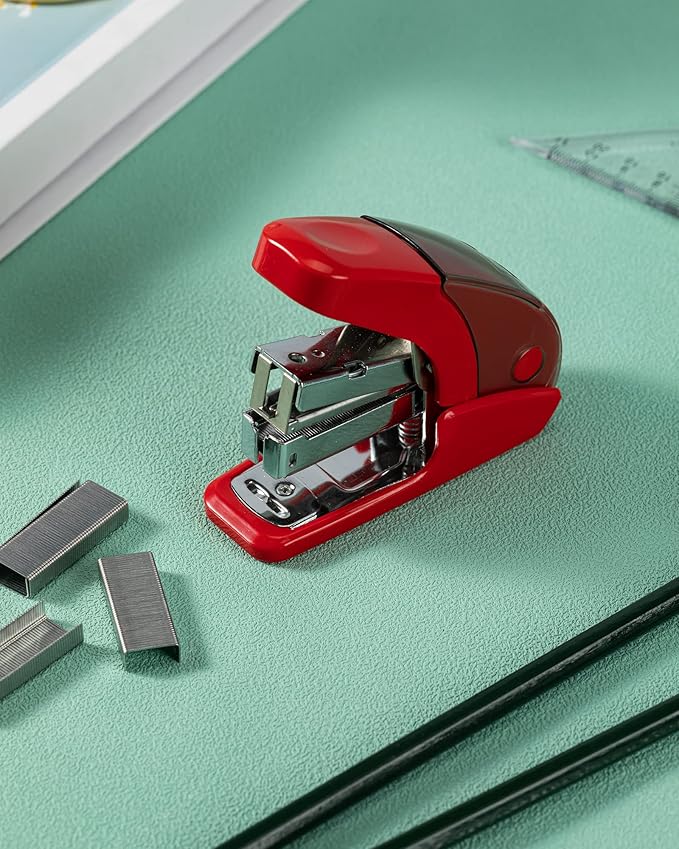 PAPERPAL Effortless Mini Stapler Set, 20 Sheet Capacity, Integrated Remover & Staple Storage, Holds 1/4" Staples, Includes 1000 Staples, Lightweight, Office, School & Daily Use, Red