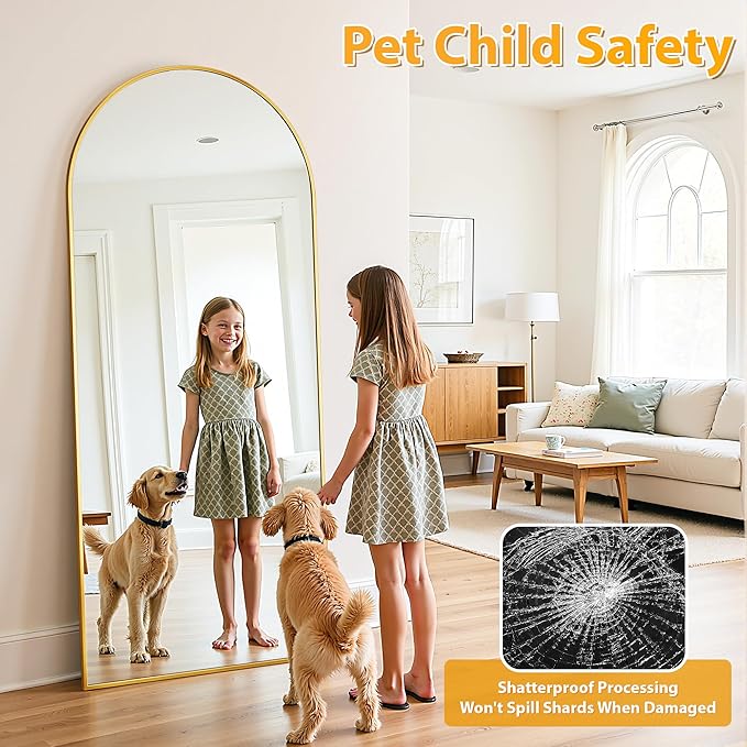 Full Length Mirror, 71"x26" Oversized Floor Mirror Freestanding, Full Body Mirror Floor Standing Mirrors with Stand, Hanging Mounted Mirrors for Bedroom Living Room, Gold, Arched Style
