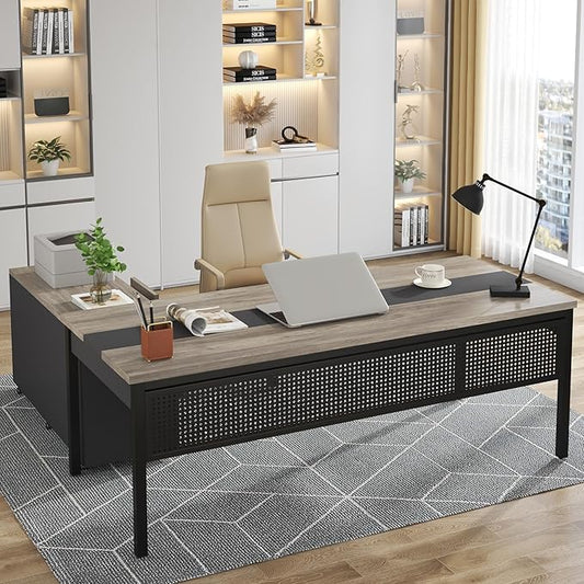 Tribesigns 70.8" Large Executive Office Desk and 47" Lateral File Cabinet Combo, L-Shaped Computer Desk Business Furniture with Drawers and Shelves, Home Office Workstation, Grey & Black