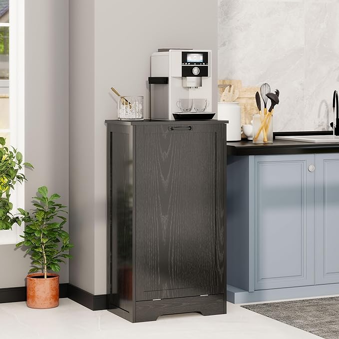 Tilt Out Kitchen Trash Can Cabinet, Pet Proof Wooden Kitchen Garbage Can with Lid, Hidden Laundry Basket Organizer, 10 Gallon Free Standing Bathroom Laundry Hamper Cabinet, Black