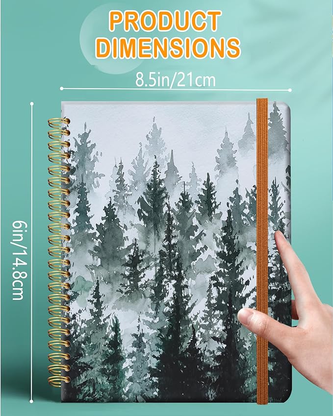 Ruled Spiral Writing Notebook,A5 Hardcover Lined College Journal for Women Lady,Fashion Puppy Watercolor Strong Twin-Wire Binding with Premium Paper,8.4" X 6",Perfect for School,Office,Home Gifts(Watercolor Misty Forest)