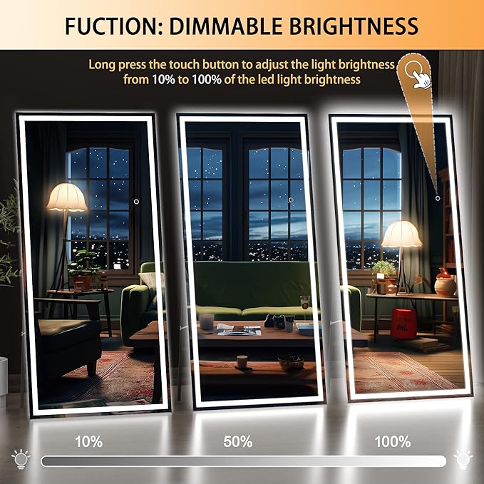 Hasipu Full Length Mirror with Lights, 75" x 28" LED Lighted Floor Standing, Full Body Dressing Hanging Mounted Mirror, Dimmable, Tempered Glass, Safe to Use, Square Black