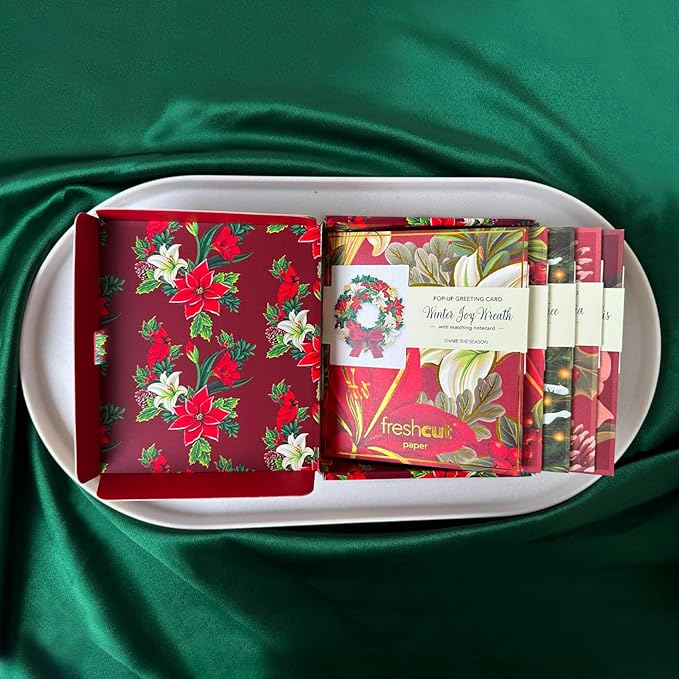 Freshcut Paper Pop Up Cards, Holiday Collection, 6 inch Mini Sized Paper Flower Bouquet 3D Popup Greeting Cards, Christmas Card, Holiday Card, Blank Notecards & Envelopes, Pack of 5