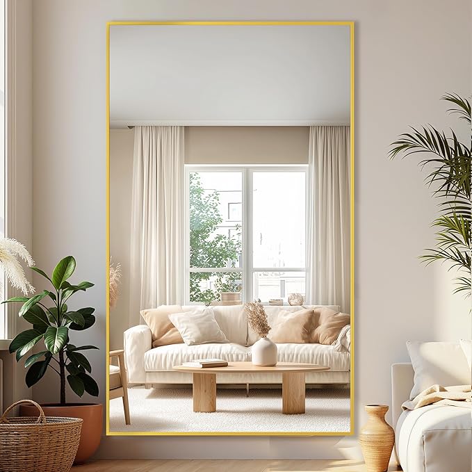 Full-Length Floor Mirror with Stand, 72"x44" Rectangle Style Full Body Standing Mirror for Bedroom, Living Room, Gym, Dorm - Shatter-Resistant & Easy Assembly, Gold