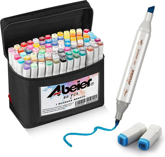 ABEIER 81 Colors Alcohol Markers - Brush & Chisel Dual Tip Sketch Markers, Plus 1 Blender, Permanent for Kids & Adults Coloring & Illustration