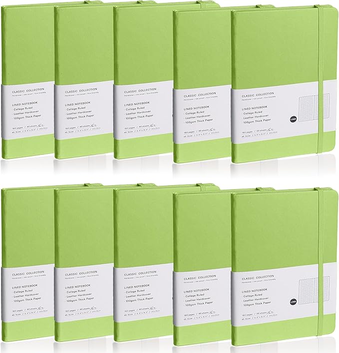 Lined Journal Notebook, 10Pack(Grass Green), 160 Pages, Medium 5.7 inches x 8 inches - 100 gsm Thick Paper, Hardcover